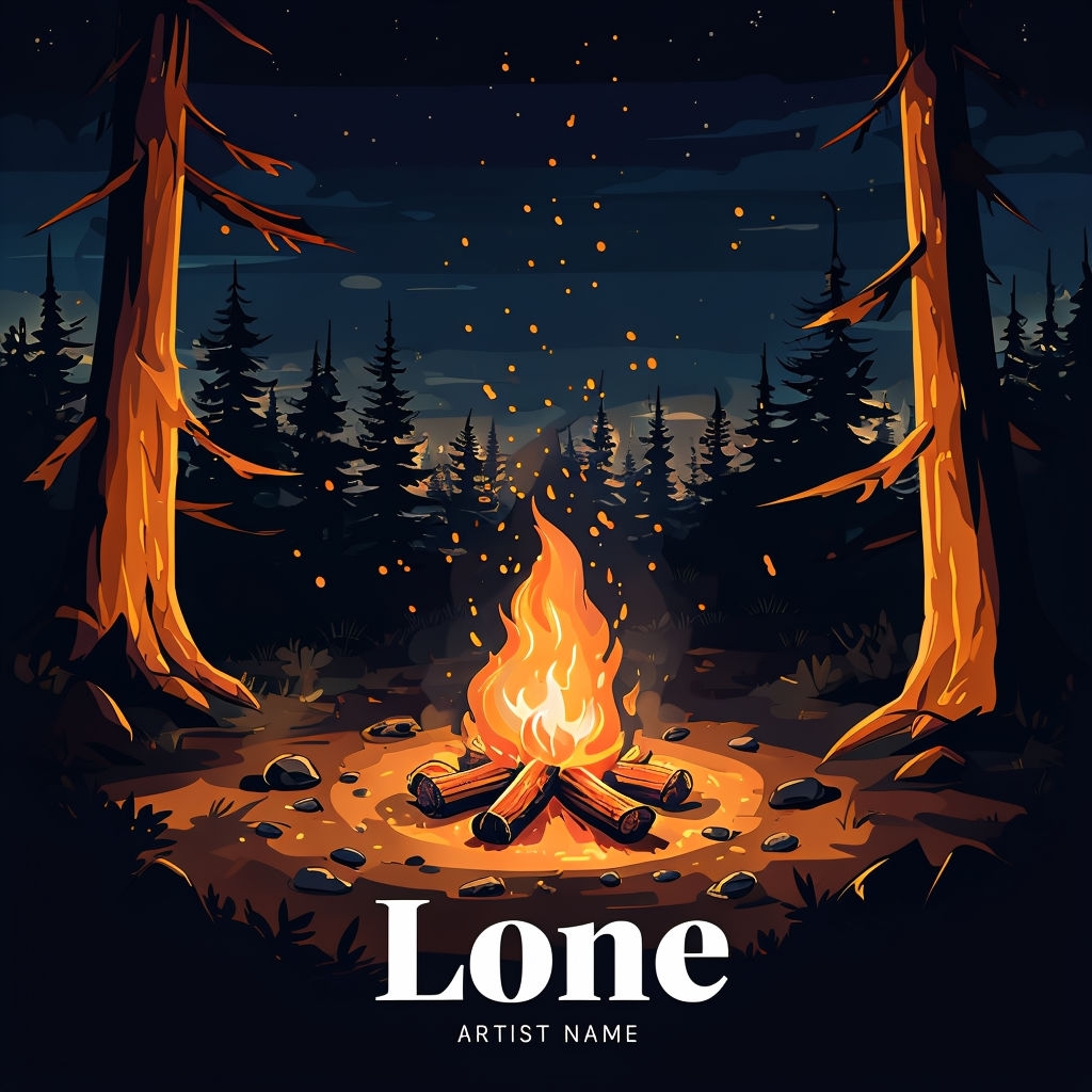 Serene Forest Campfire Scene with Stars and Ember Sparks Spotify Album Cover