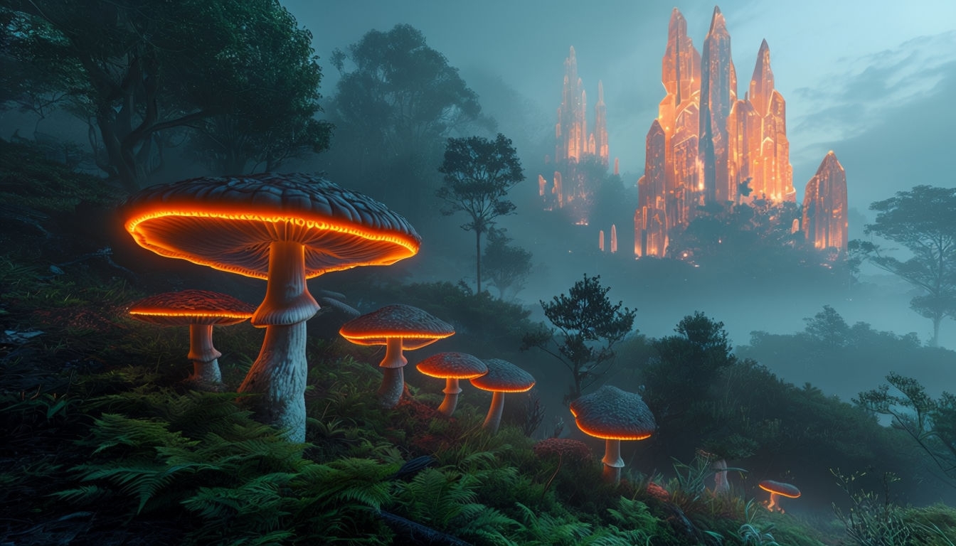 Mystical Fantasy Forest with Luminous Mushrooms Virtual Background