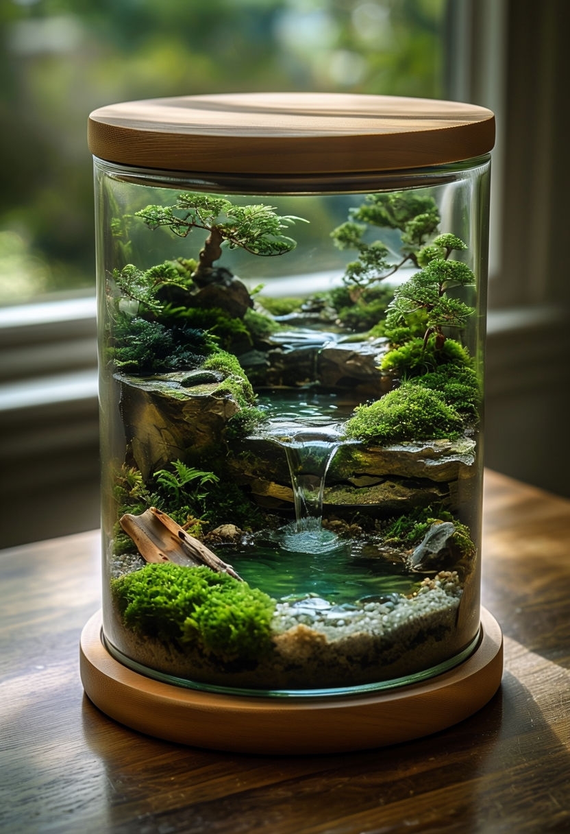 Intricate Miniature Terrarium Landscape in Glass Jar Art