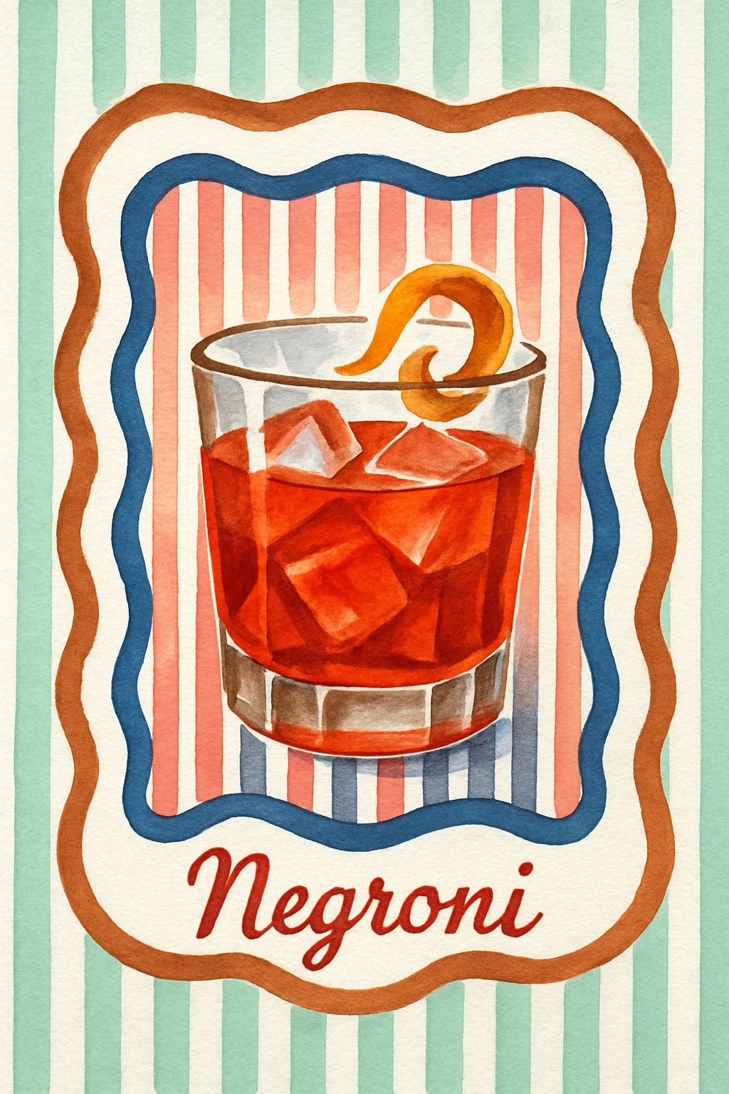 Vintage Negroni Cocktail Watercolor Illustration Poster