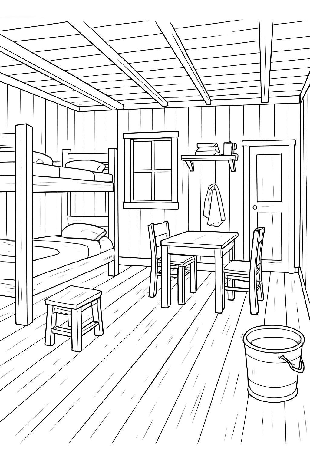 Rustic Wooden Interior Room Line Drawing Coloring Book Pages