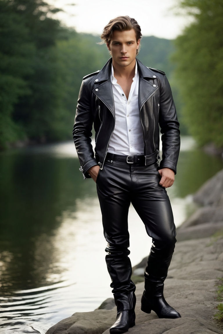 A detailed picture of a Handsome muscular man with short blonde hair  wearing black leather jeans and a black leather jacket lying in mud soaking  wet