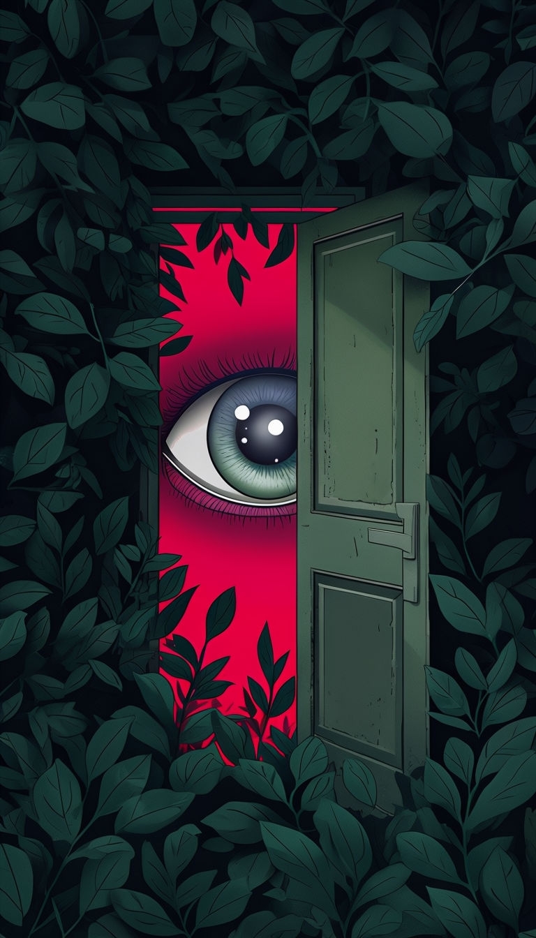 Surreal Open Door with Human Eye Surrounded by Dense Foliage Mobile Wallpaper