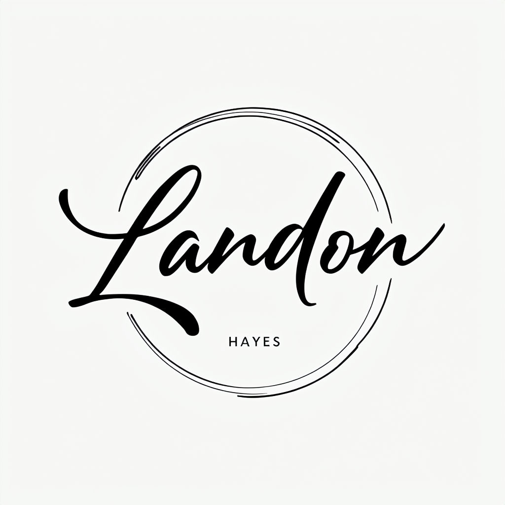 Elegant Black Handwritten Landon Logo with Circular Border Monogram
