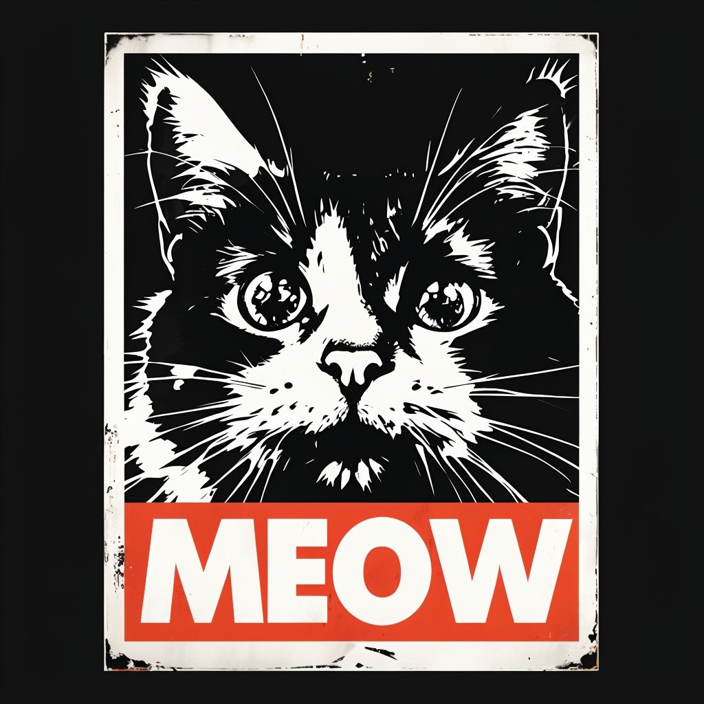 Striking Black and White Cat Face with Meow Text T-Shirt