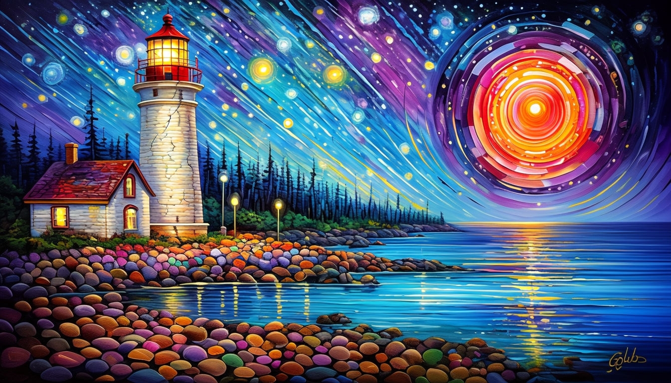 Tranquil Nighttime Lighthouse Landscape Impressionist Art Virtual Background