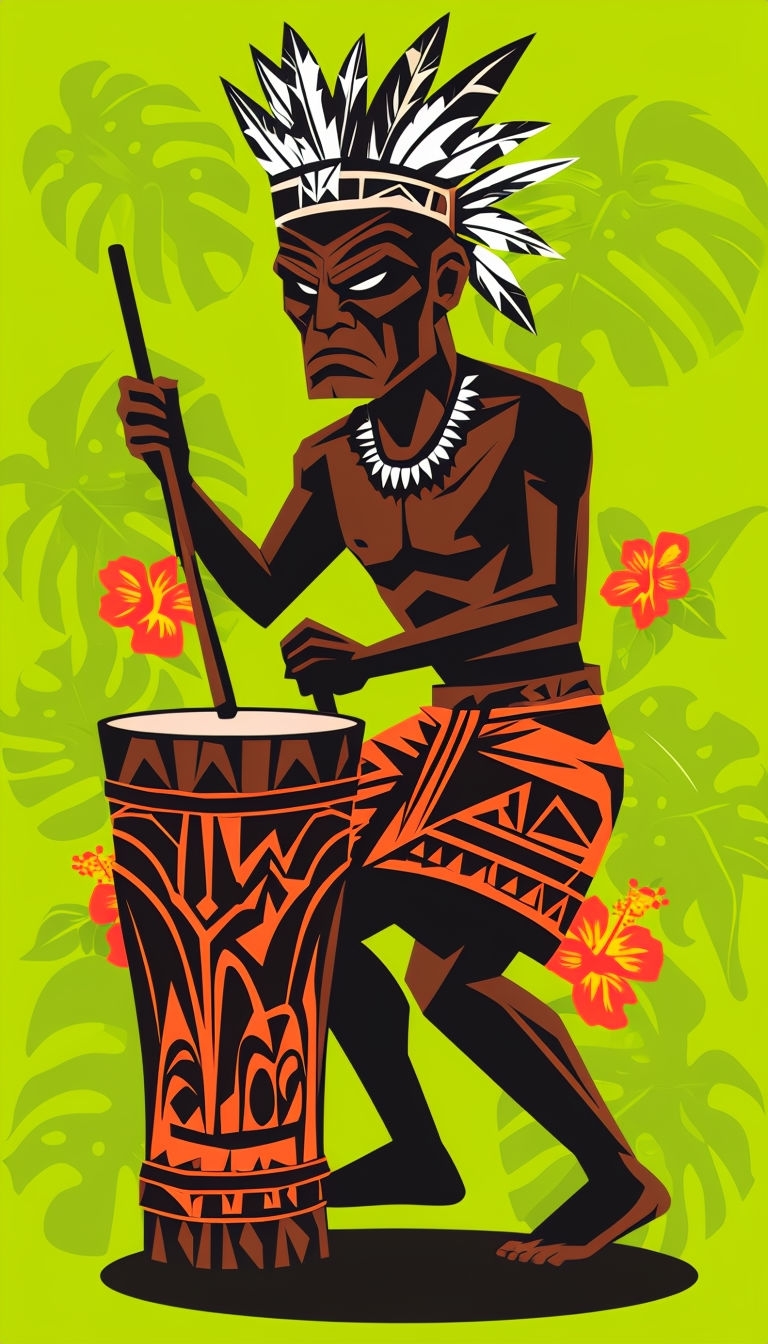 Stylized Polynesian Tiki Drummer Illustration Art