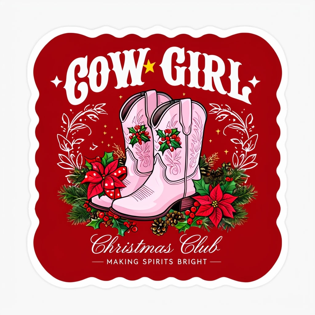 Festive Cow Girl Christmas Sticker with Cowboy Boots and Stars