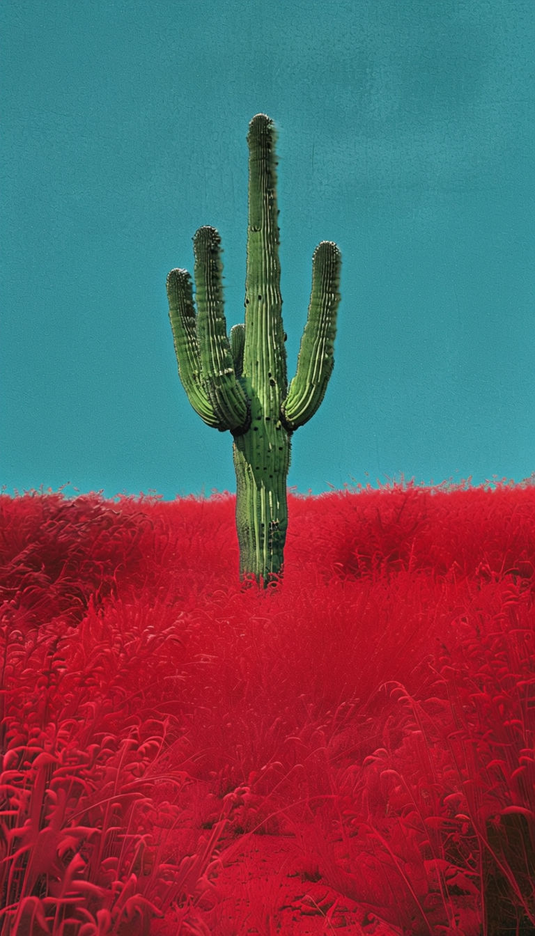 Vibrant Red Desert Landscape with Saguaro Cactus Art