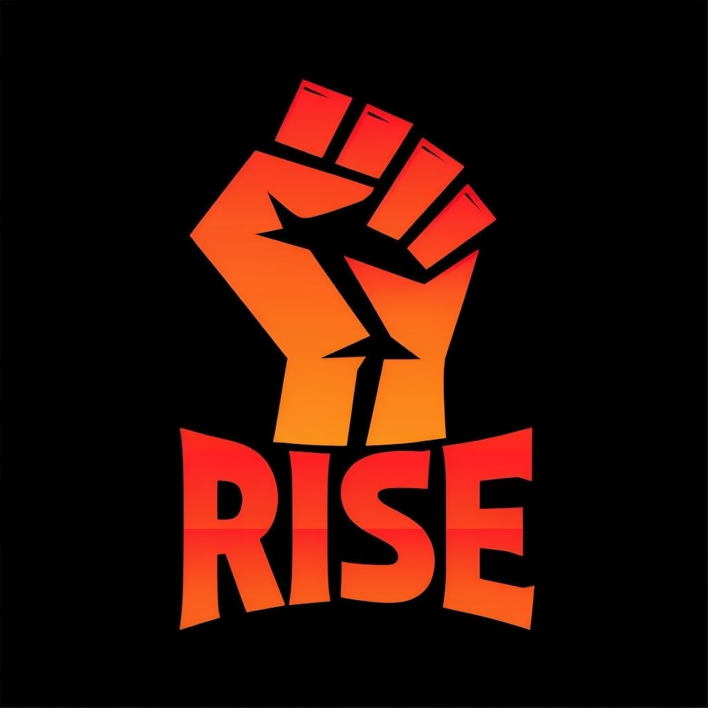 Bold Raised Fist Logo with RISE Text in Vibrant Gradient