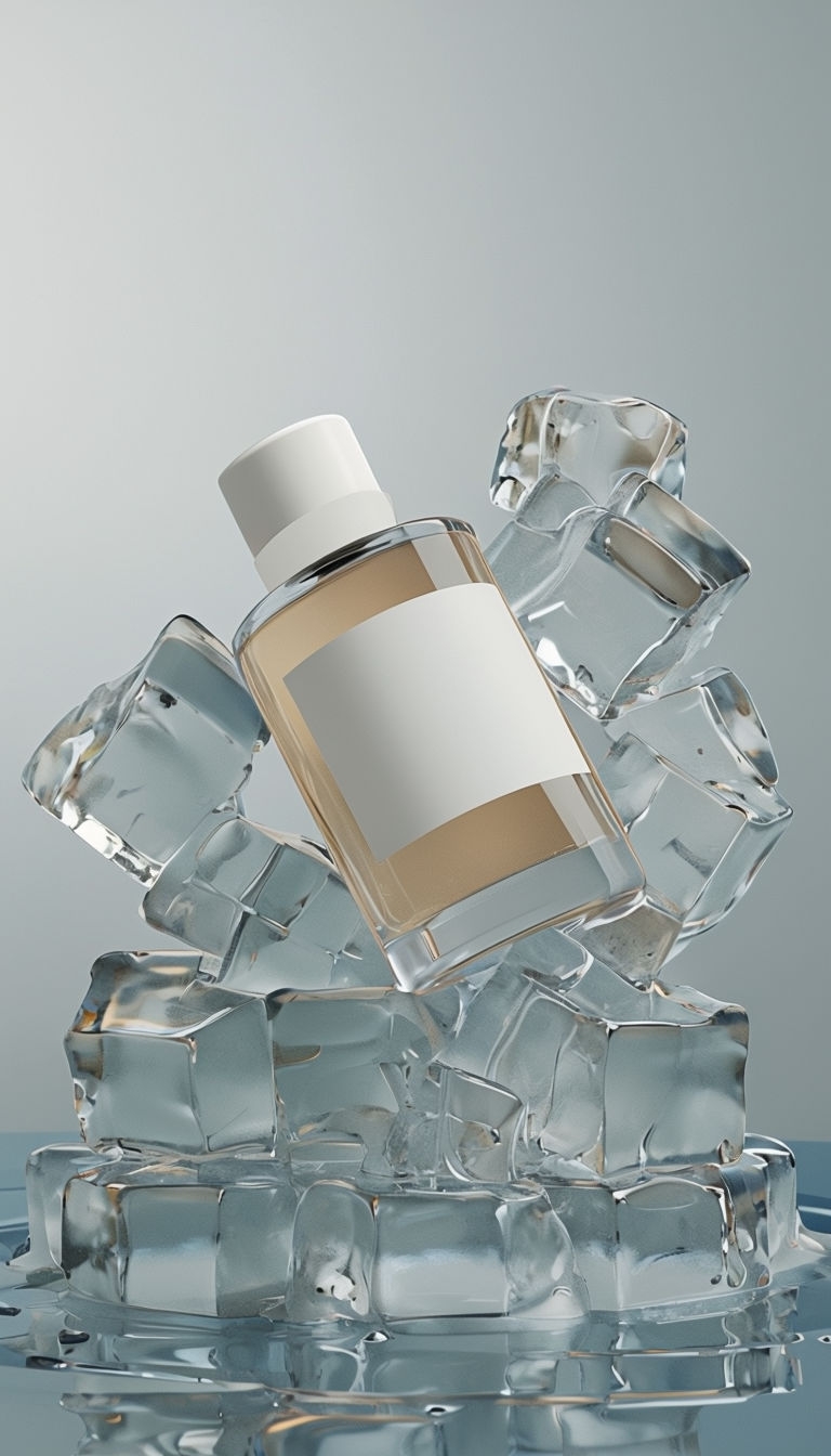 Elegant 3D Minimalist Perfume Bottle Mockup on Ice Cubes