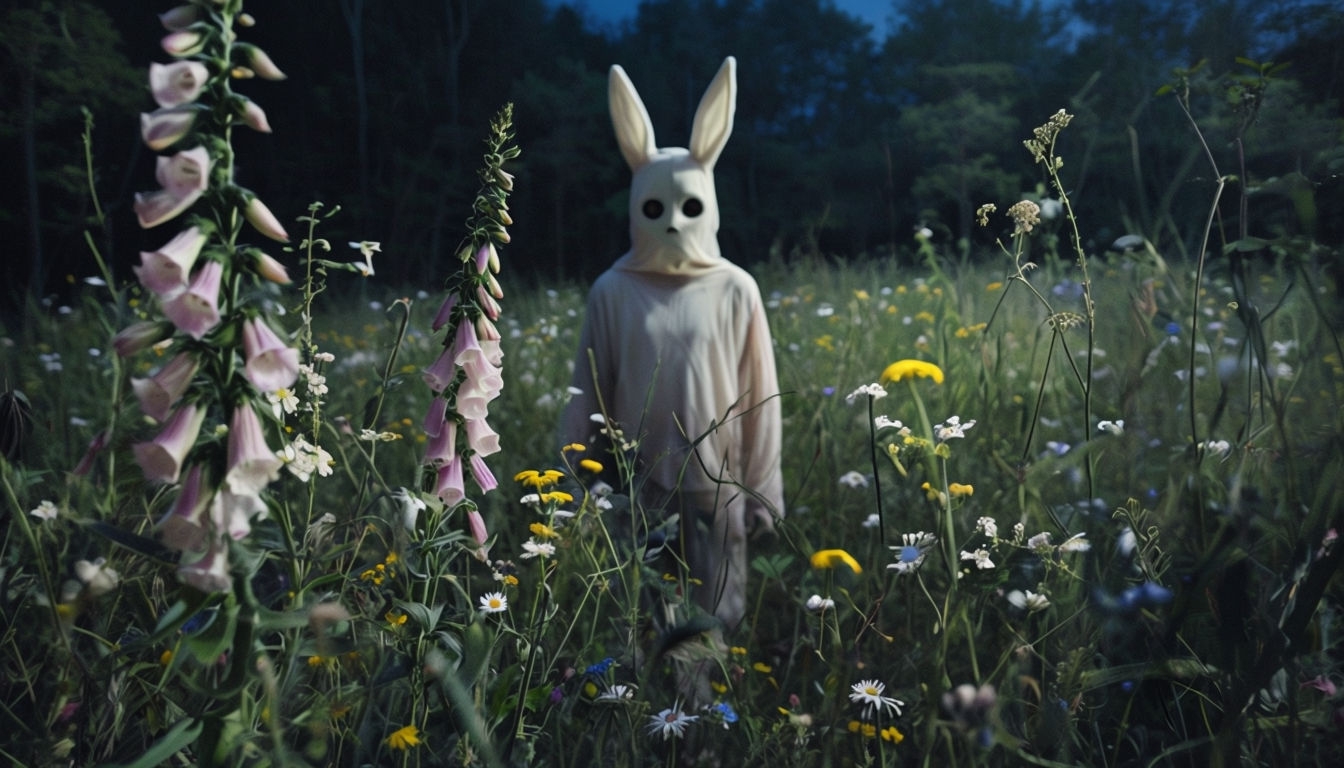 Eerie Night Meadow with Bunny Figure Surreal Backgrounds