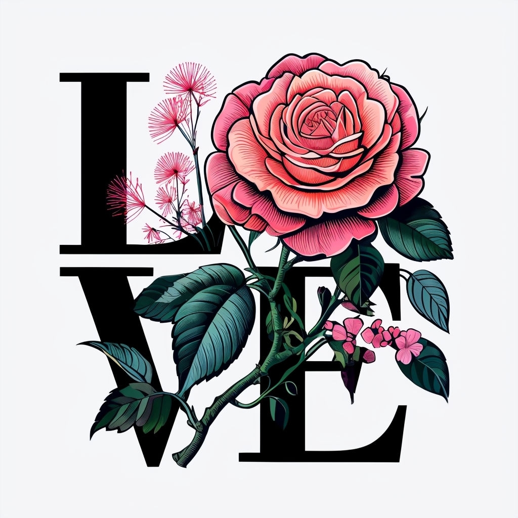 Vibrant LOVE Typography with Pink Rose Illustration T-Shirt