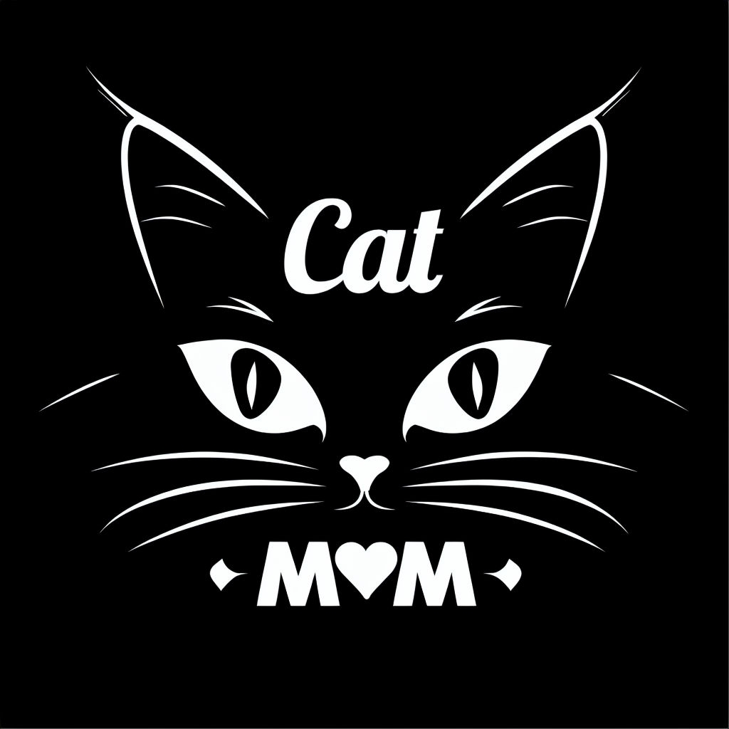 Minimalist Black Cat Face with MOM Text Heart T-Shirt
