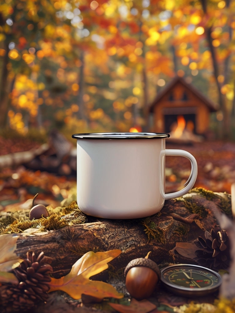 Rustic Autumn Enamel Mug Mockup with Cozy Outdoor Scene