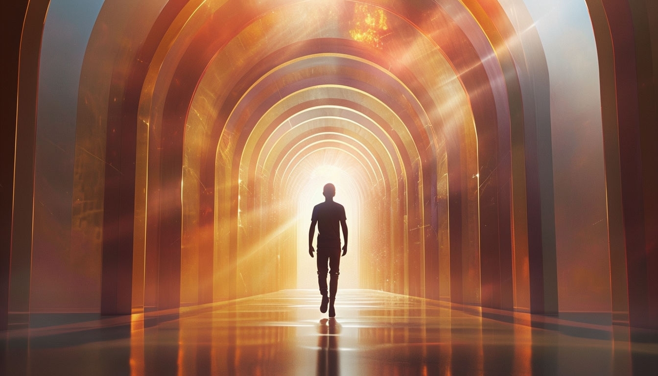 Solitary Figure Walking Towards Radiant Light Tunnel Background