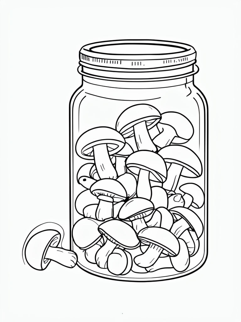 Glass Jar Filled with Mushrooms Minimalist Coloring Page