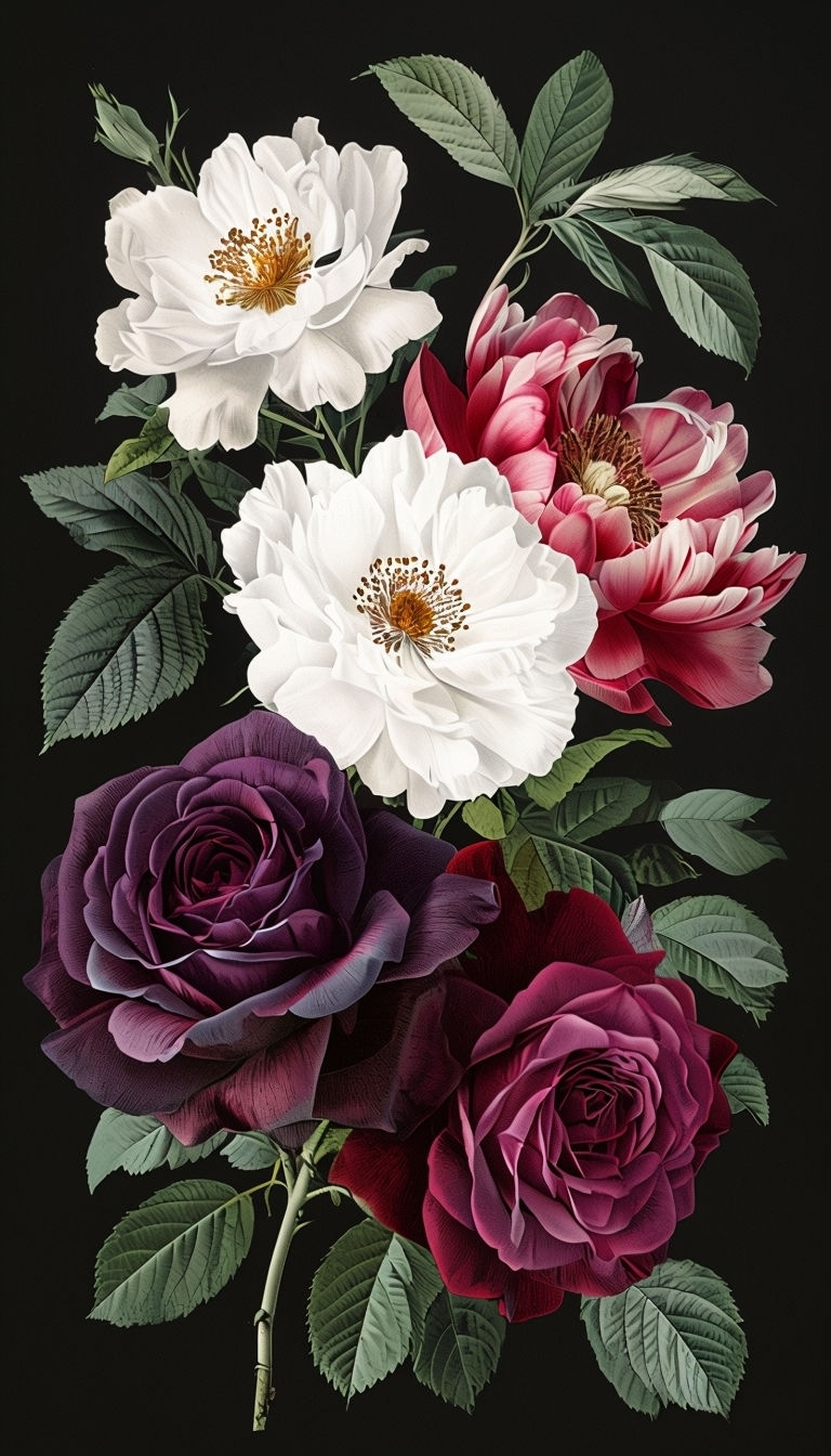 Vibrant Botanical Flower Bouquet Illustration on Black Background Mobile Wallpaper