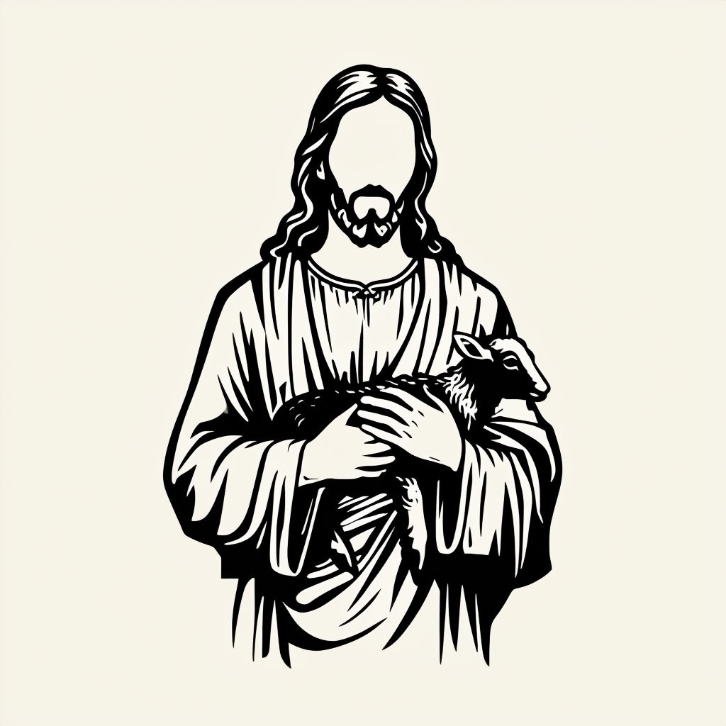 Simple Black and White Jesus Christ with Lamb Line Drawing Art