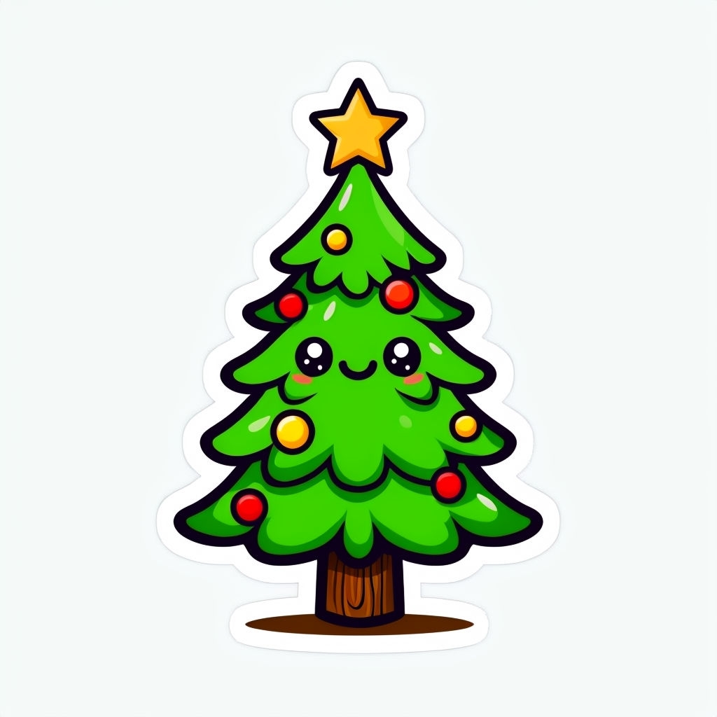 Cheerful Cartoon Christmas Tree Illustration Sticker