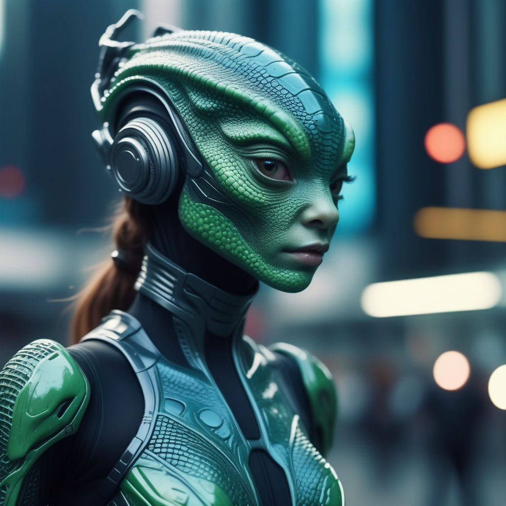 A hyper realistic LIZZARD ALIEN GIRL in advanced futuristic... by ...