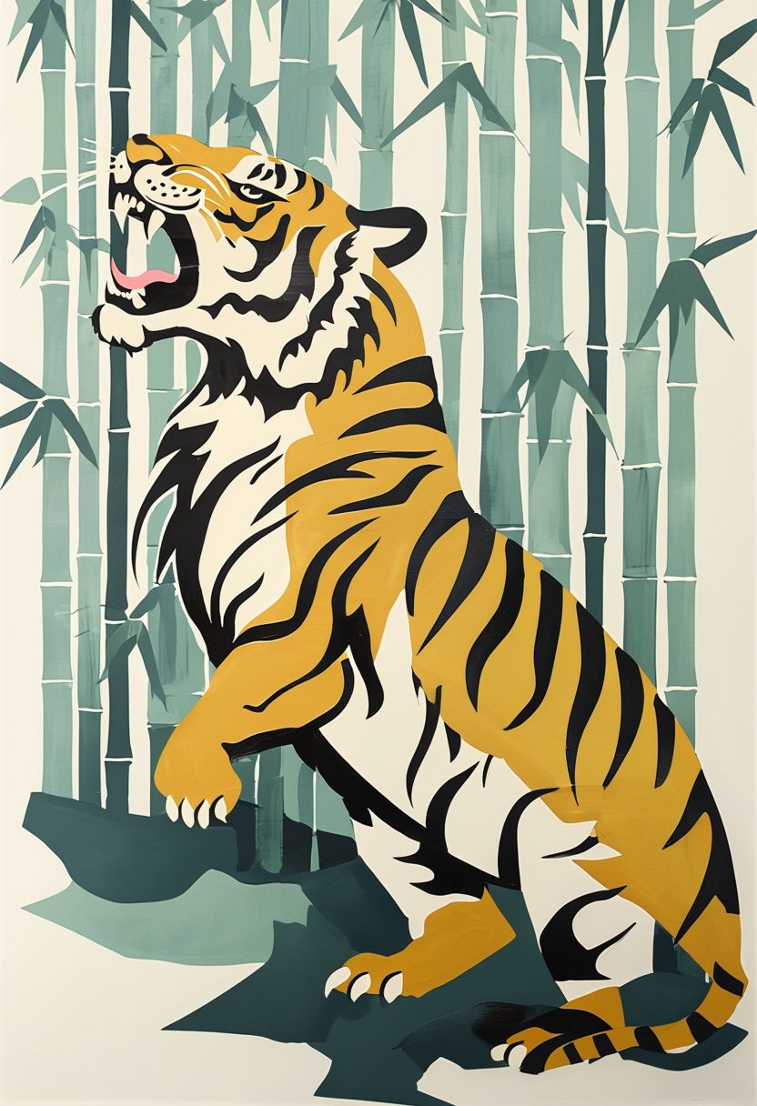 Bold Korean Minhwa Tiger Roaring with Bamboo Oil Painting Poster