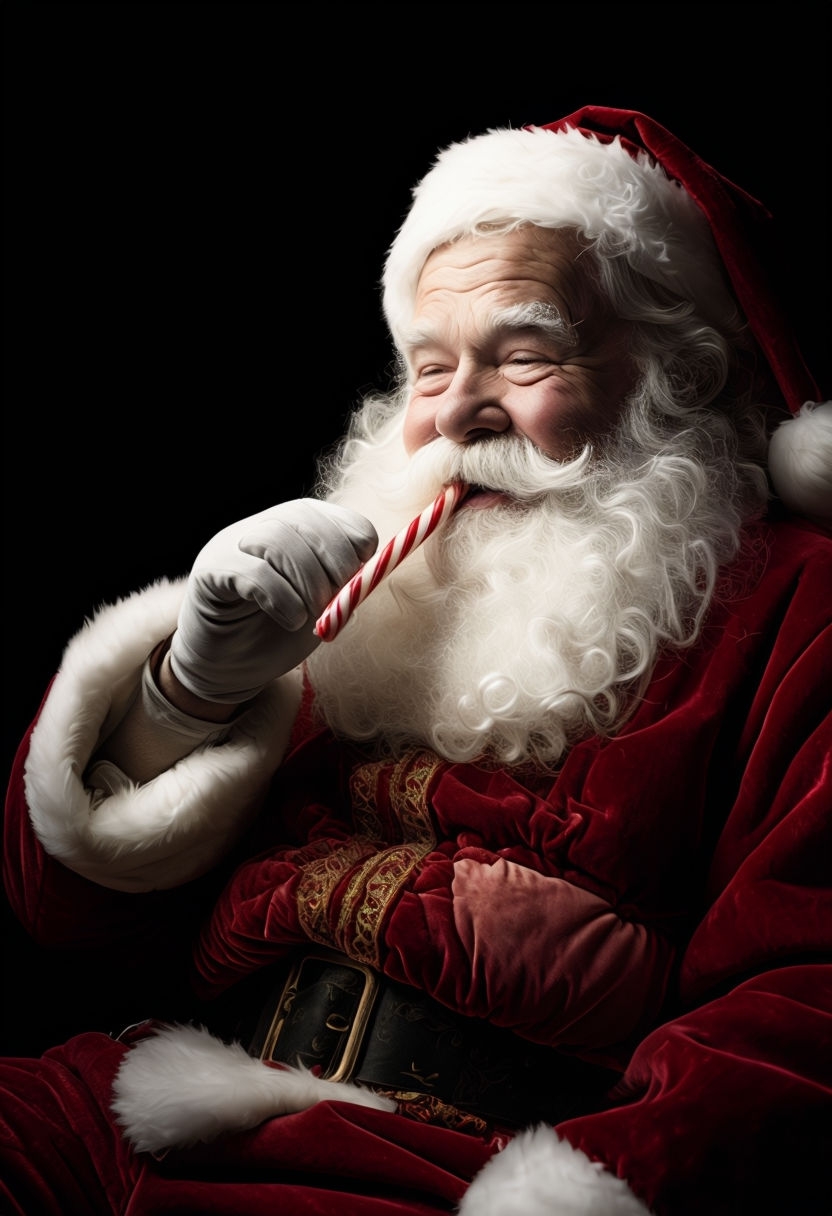 Cinematic Santa Claus Enjoying a Candy Cane in Dark Background Art