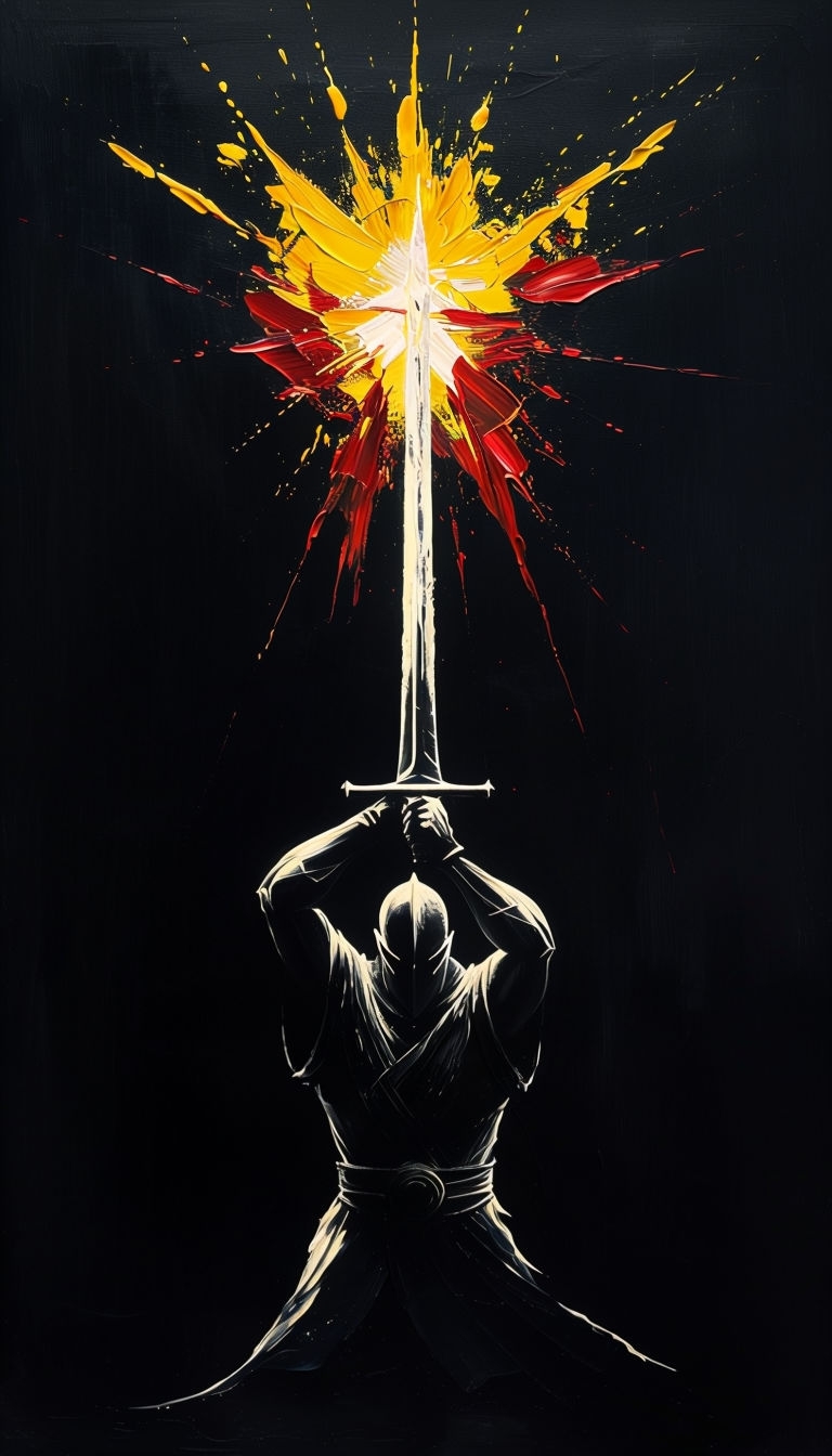 Dramatic Shadow Puppetry Warrior with Radiating Sword Art