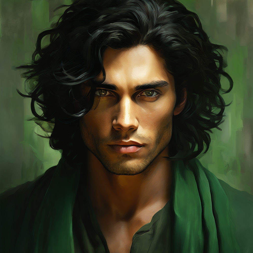 Man with long black wavy hair and green eyes