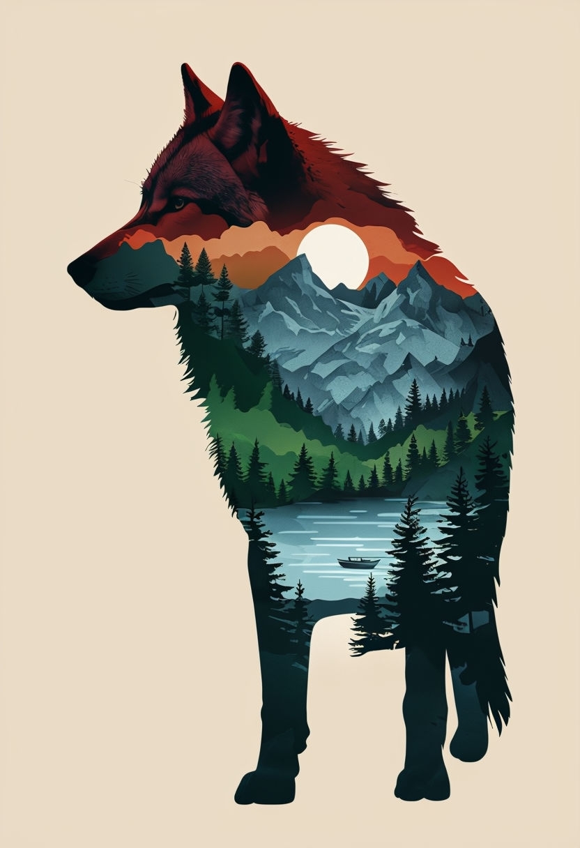 Serene Double Exposure Wolf Illustration with Sunset Landscape Art