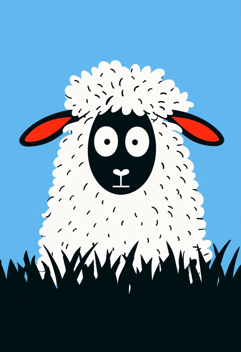 Whimsical Cartoon Sheep Illustration on Sky Blue Background Art