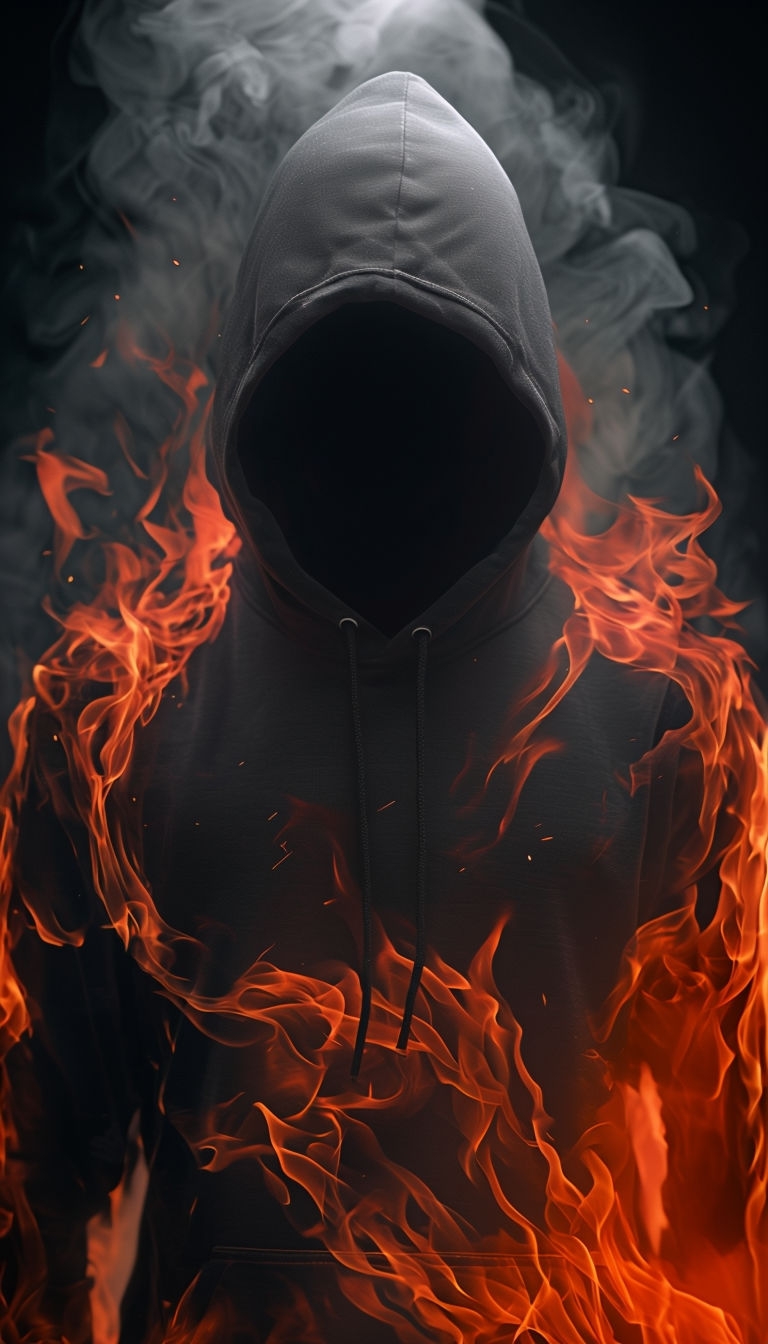 Menacing Dark Figure with Fiery Flames Artwork Mobile Wallpaper