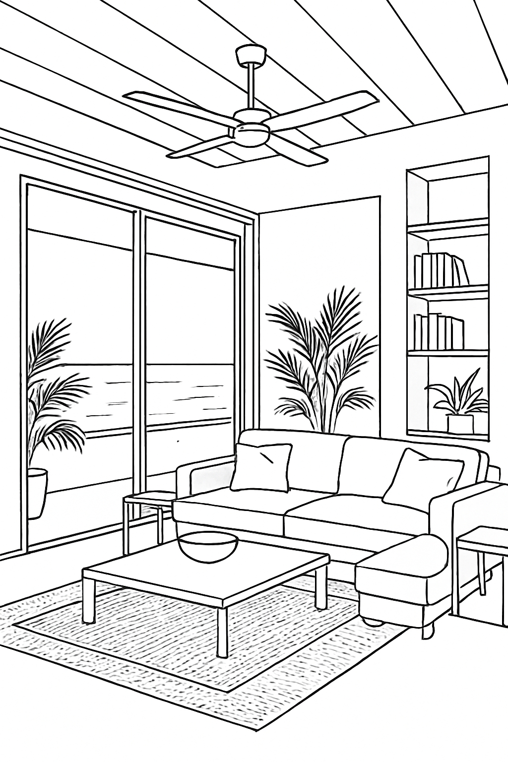 Modern Minimalist Living Room Line Drawing Coloring Page