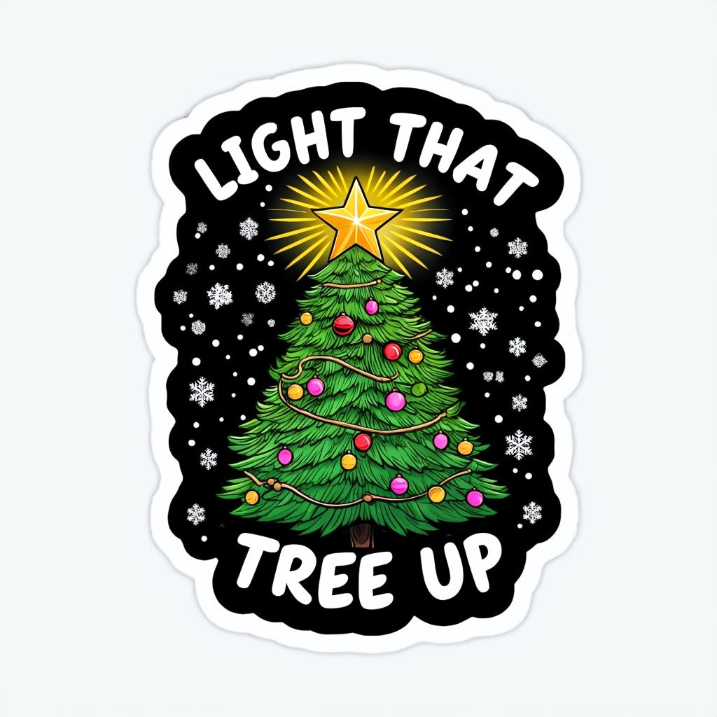 Cheeky Cartoon Christmas Tree Sticker with Humorous Typography