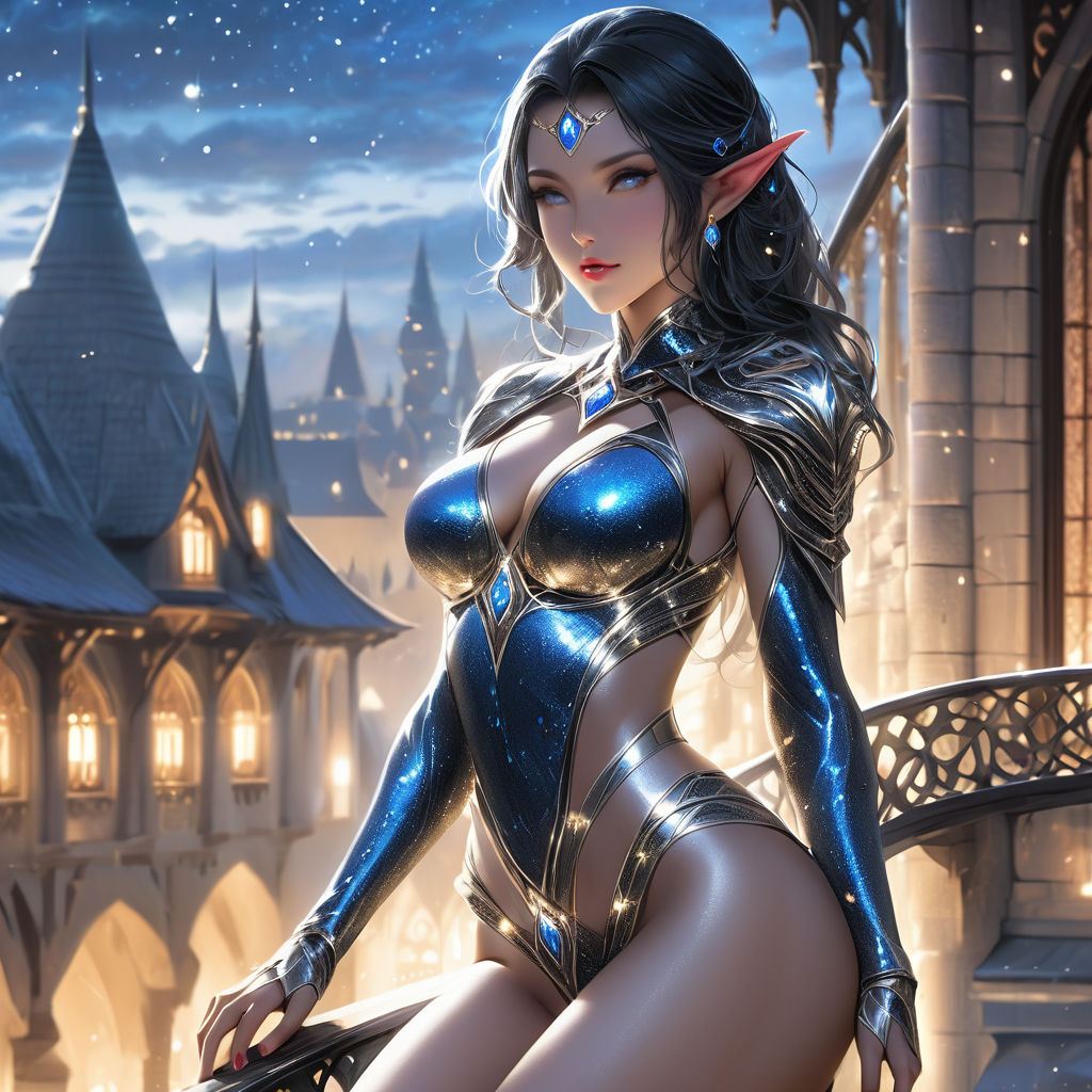 full body anime naked dark skin elf with dark blue hair