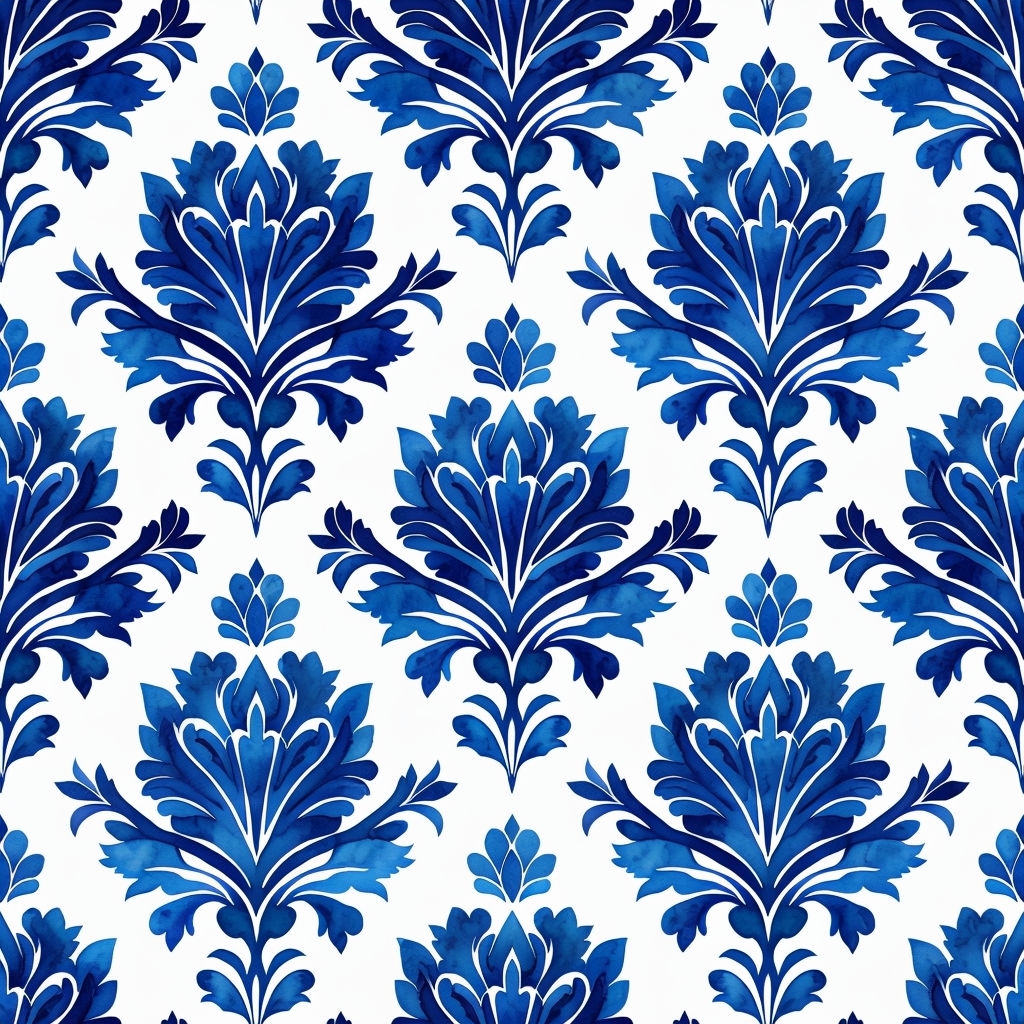 Elegant Blue Watercolor Damask Floral Seamless Pattern