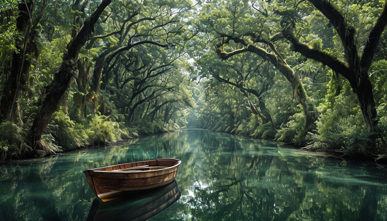 Tranquil Wooden Boat on Calm Water Scenic Landscape Background