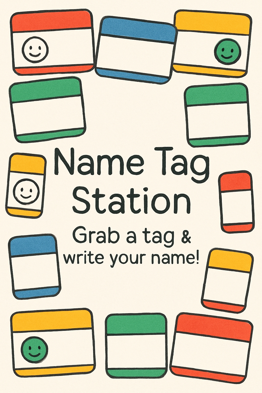 Colorful Cartoon Name Tag Station Invitation Sign for Events