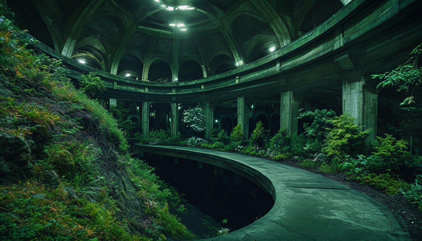 Eerie Abandoned Underground Park with Lush Greenery Virtual Backgrounds