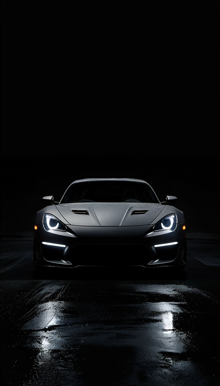 Matte Black Sports Car in Dramatic Low-Key Photography Mobile Wallpaper