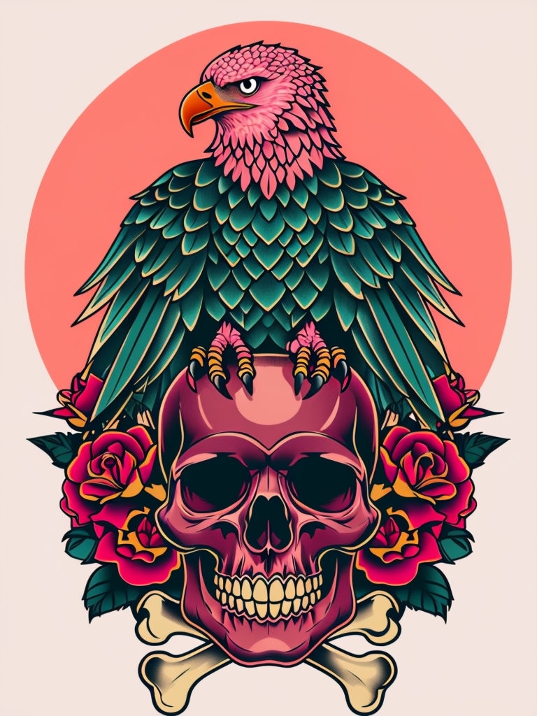 Vivid Traditional Tattoo Skull and Eagle Floral Art Illustration