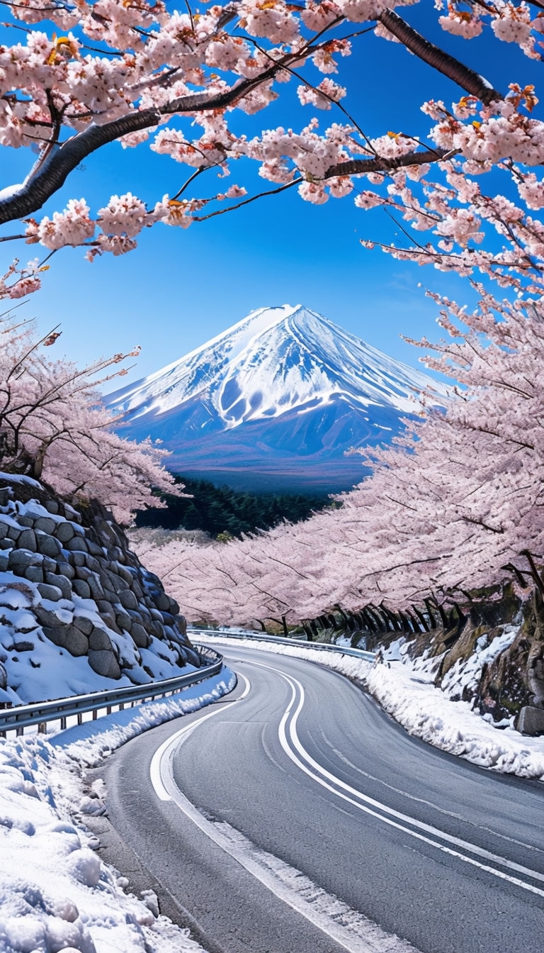 Winding Road Through Cherry Blossom Forest and Mount Fuji Mobile Wallpaper