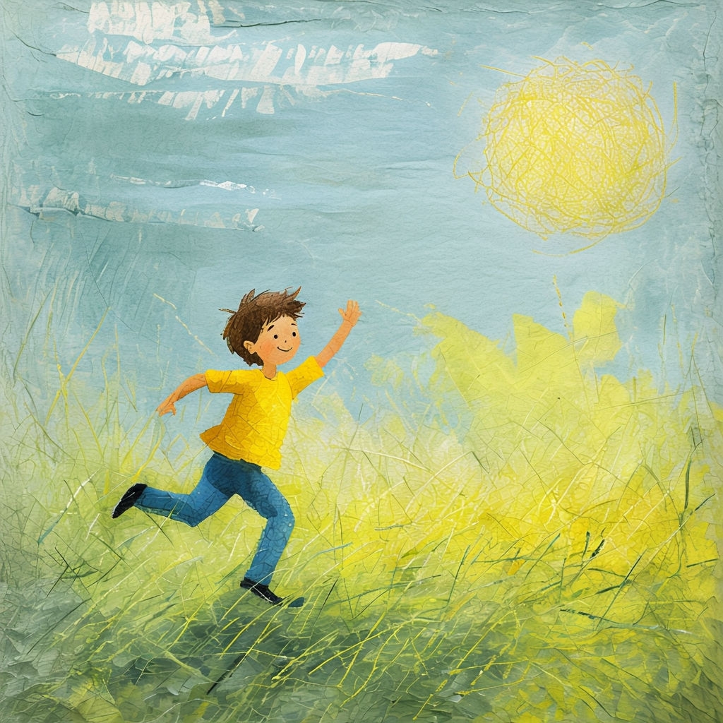 Joyful Boy Running in a Lush Field Illustration Art