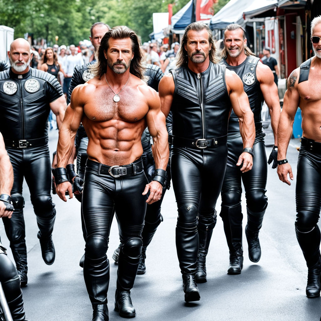 Futuristic muscular men in leather chaps