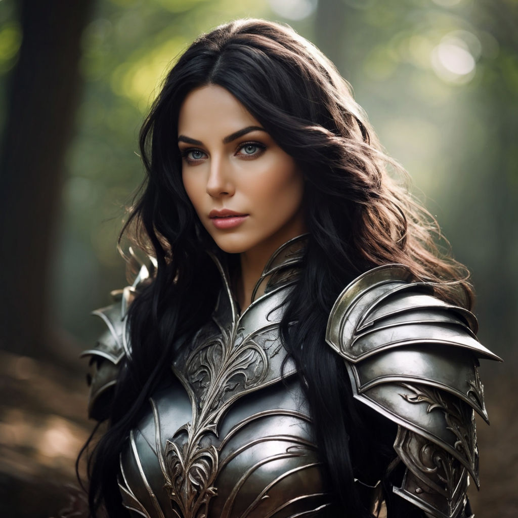 hot goth girlfriend warrior in plate armour with black long hair