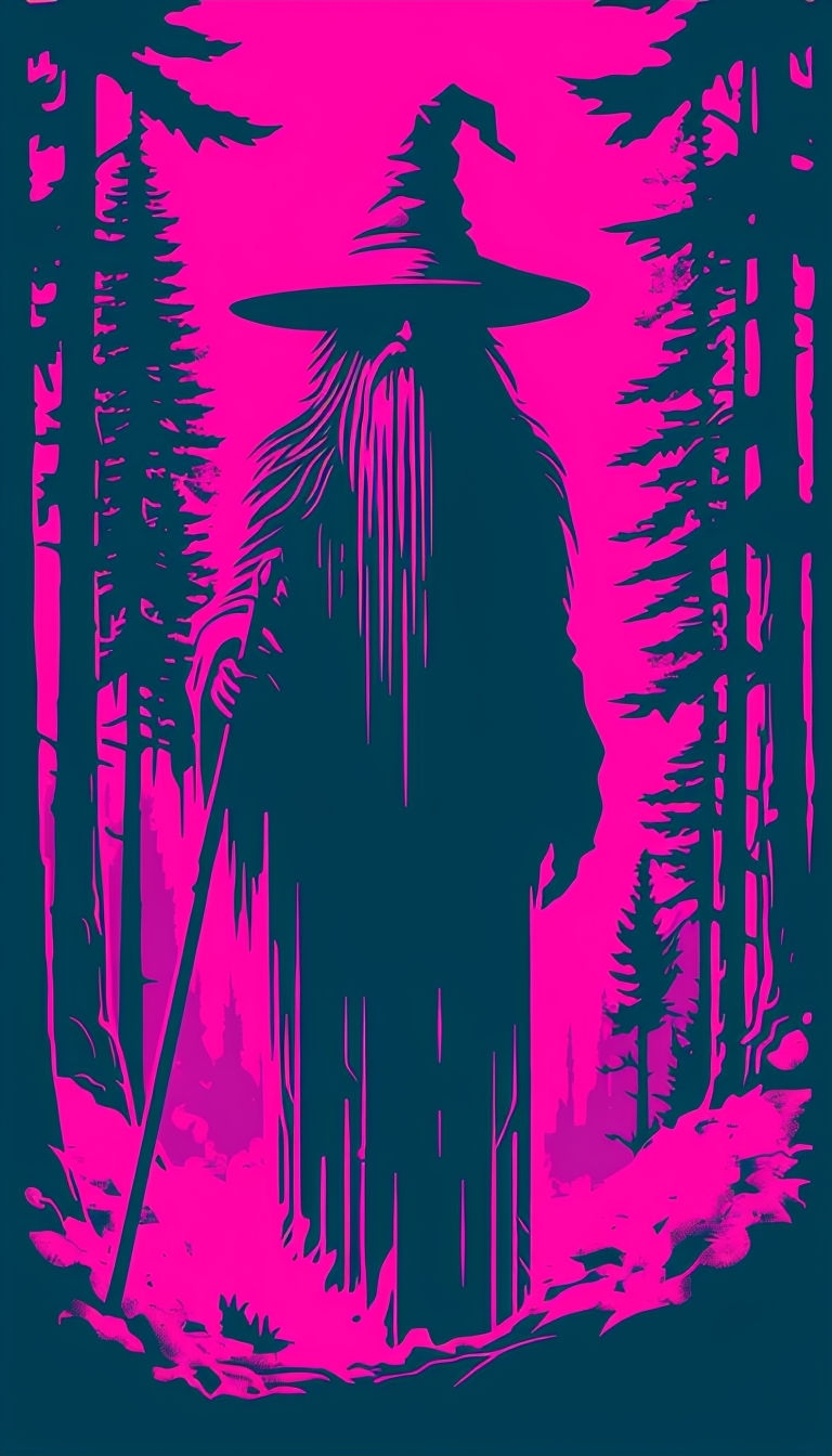 Mysterious Wizard Figure in Neon Forest Illustration Mobile Wallpaper