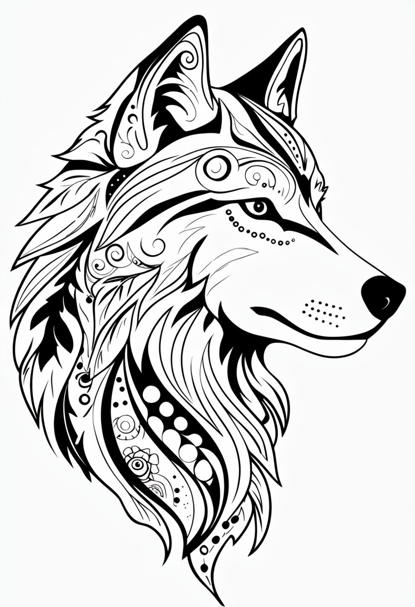 Stylized Wolf Head Illustration for Coloring Book Pages