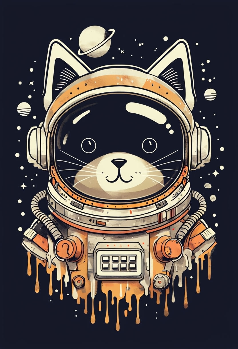 Whimsical Cat Astronaut Helmet Illustration with Cosmic Elements Art