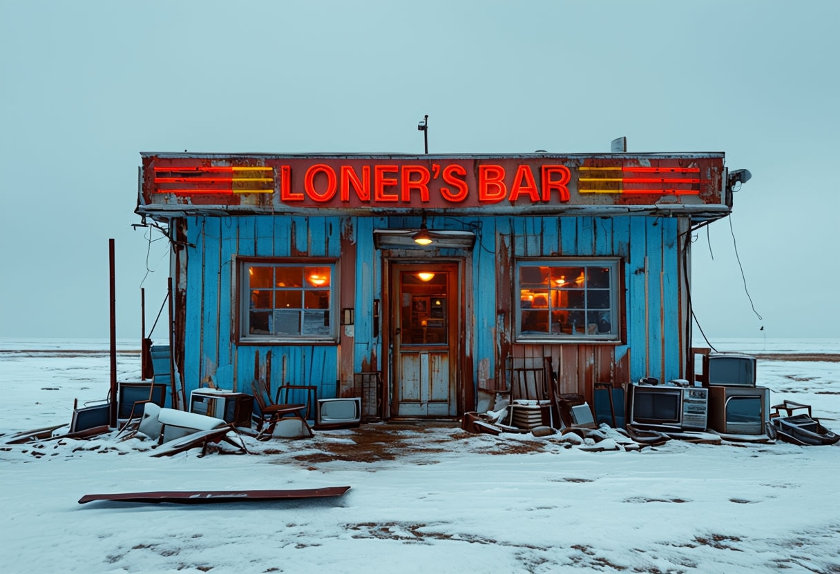Loner's Bar Abandoned Structure in Snowy Landscape Art
