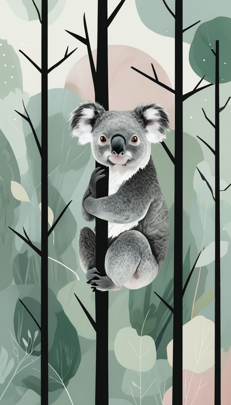 Modern Minimalist Gray Koala on Branch Illustration Phone Case Cover